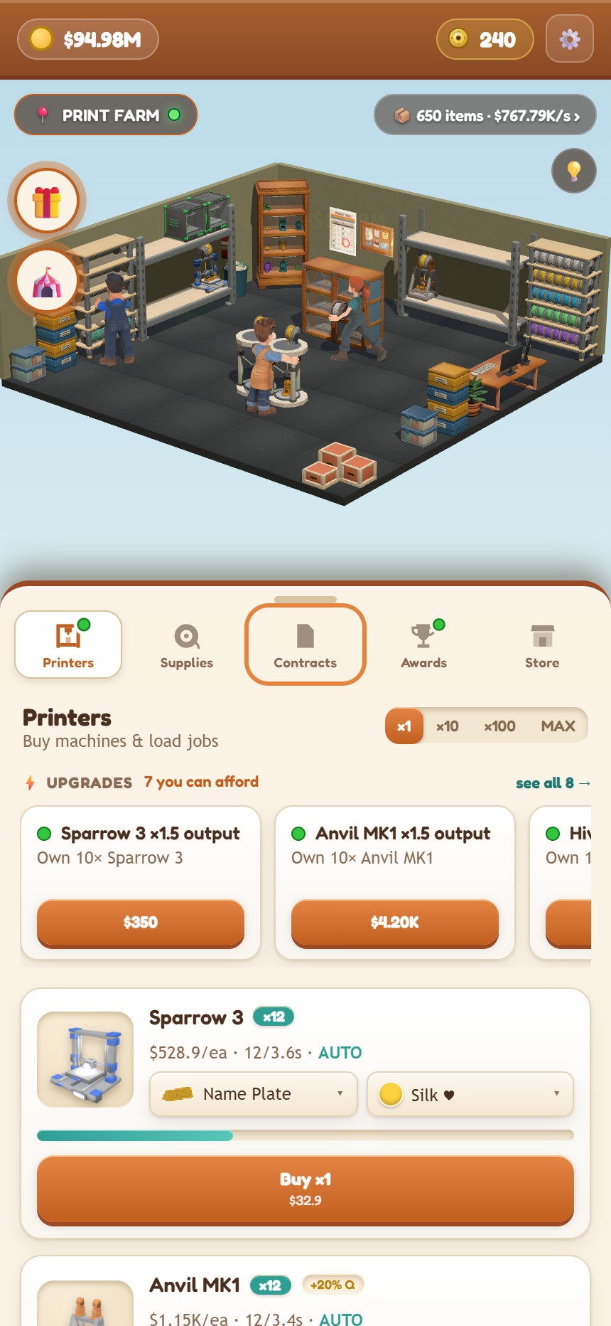 3D Printing Empire running on a phone: the garage workshop above the open Printers drawer